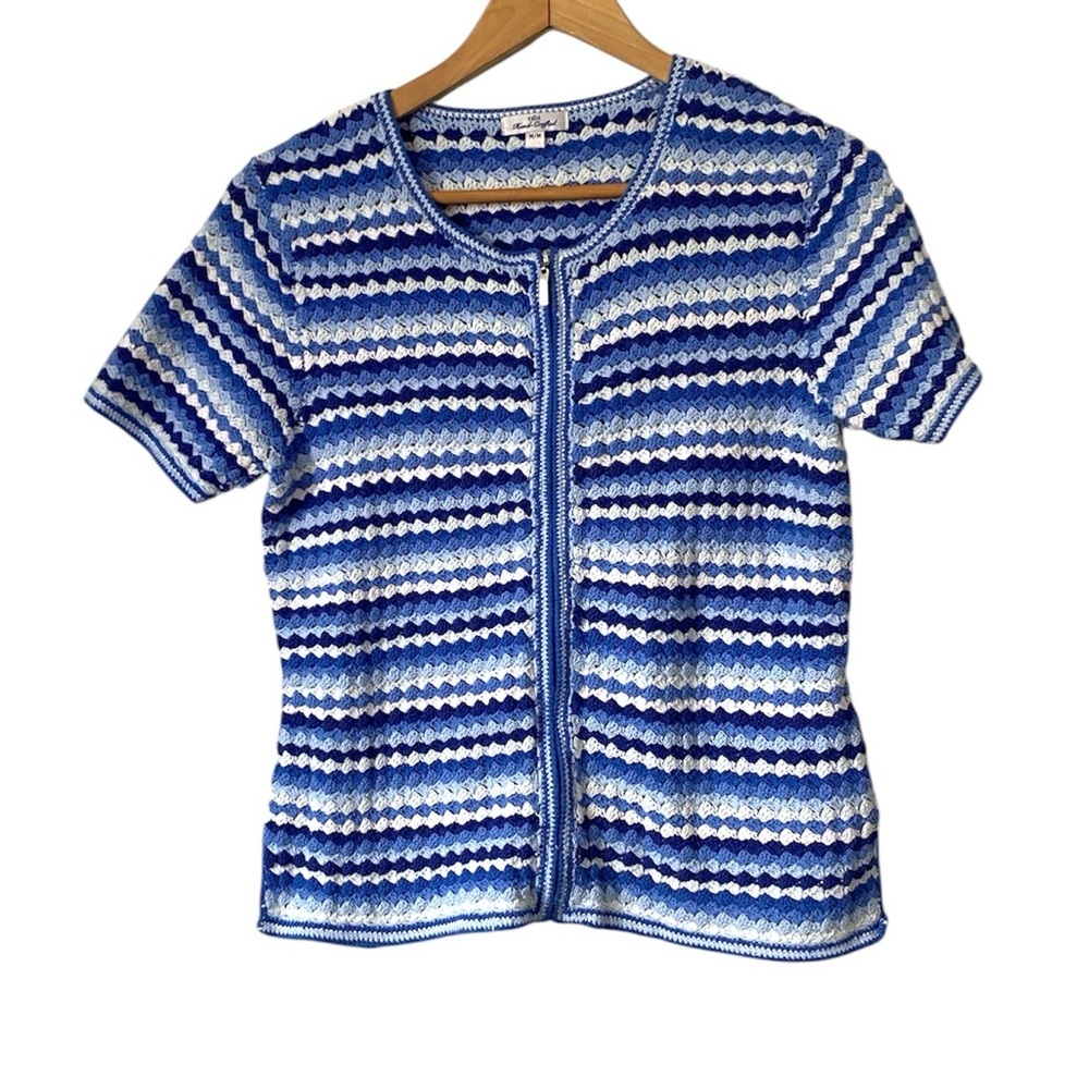 Tabi vintage-m hand crafted short-sleeve crochet cardigan Blue Striped Sweater M